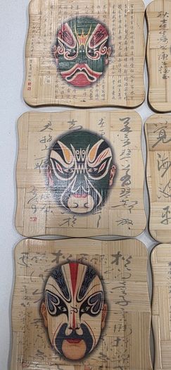 Vintage Chinese Opera Mask Bamboo Coasters Set of 6 with matching wood holder
