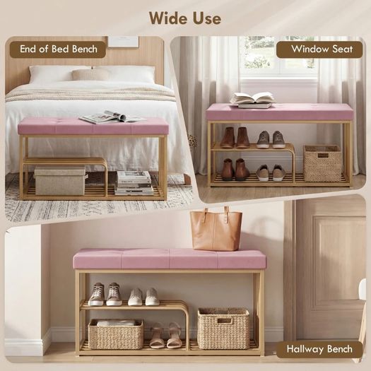 Bench and Shoe Storage, Tufted Shoe Storage Bench with Velvet Seat Cushion Gold Steel Frame for Entryway, Pink