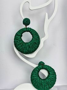 Grass Green Raffia Woven Stud Hollow Out Woven Hoop Earrings