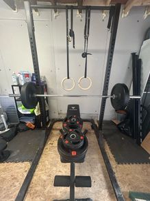 Free standing squat rack with bench, bar and weights