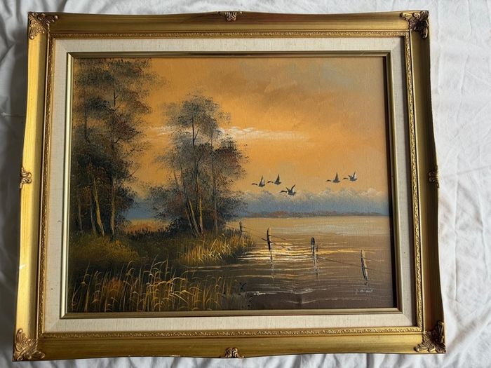 Vintage Framed Oil Painting (53x62cm) - J. Havard Sunset