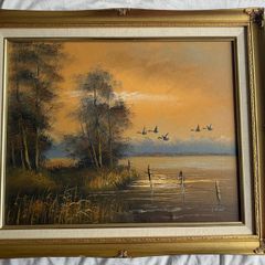 Vintage Framed Oil Painting (53x62cm) - J. Havard Sunset