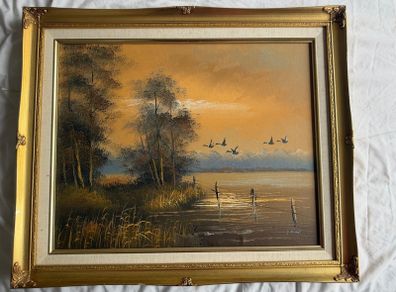 Vintage Framed Oil Painting (53x62cm) - J. Havard Sunset