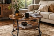 Round Coffee Table with Storage Shelf | Rustic Industrial Living Room Table