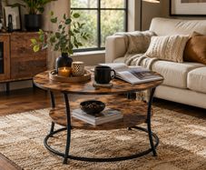 Round Coffee Table with Storage Shelf | Rustic Industrial Living Room Table