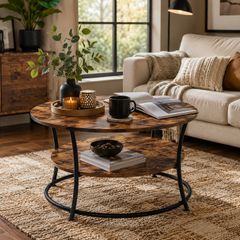 Round Coffee Table with Storage Shelf | Rustic Industrial Living Room Table