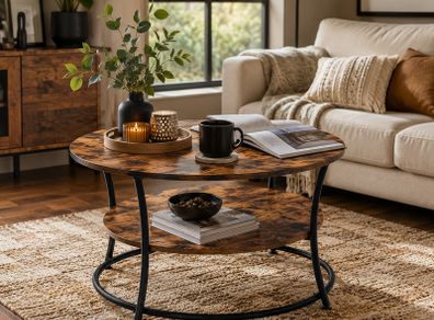 Round Coffee Table with Storage Shelf | Rustic Industrial Living Room Table
