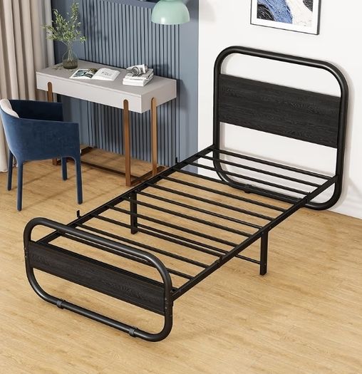 Single Bed Frame with Headboard, Black Single Bed 90x190 cm with Under-Bed Storage,Steel Slats Mattress Foundation Round Pipe Design,Black