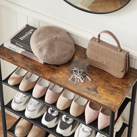 _Shoe Rack 4 Tier Shoe Rack Narrow 3 Tier Polyester Fabric Metal Frame Hallway Entrance Industrial Design Vintage Brown/Black
