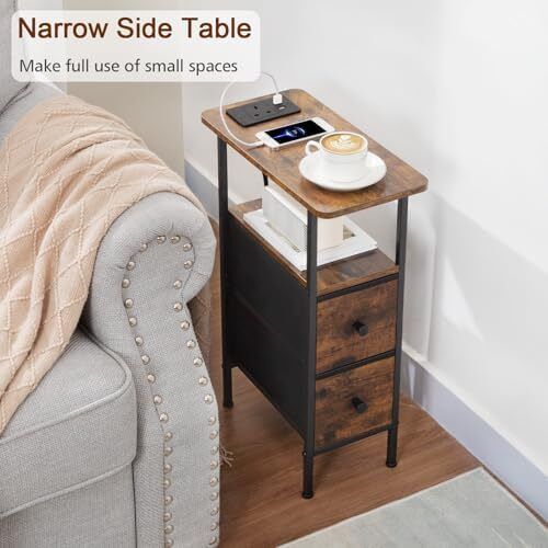 Slim Bedside Table Set of 2 with Charging Station, Narrow Side Table with 2 Fabric Drawers, End Table with Open Storage Shelf, Nightstand for Small Spaces, Living Room, Brown