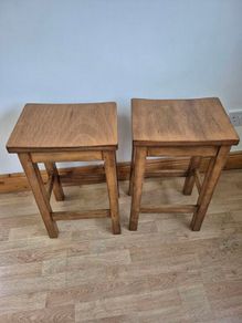 Pair of Vintage Solid Oak School Lab Stools Perfect Counter Height