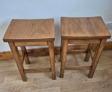 Pair of Vintage Solid Oak School Lab Stools Perfect Counter Height