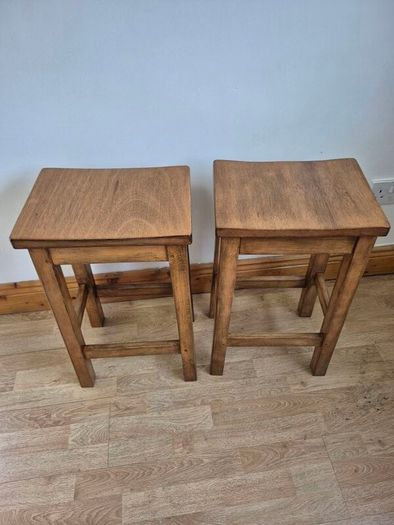 Pair of Vintage Solid Oak School Lab Stools Perfect Counter Height