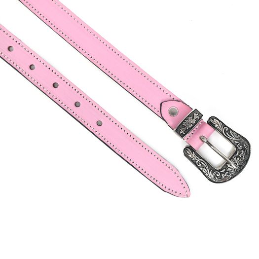 Unisex Premium Pink Genuine Leather Belt Vintage Engraved Silver Buckle