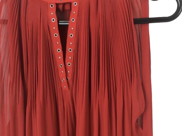 River Island Ladies Red Semi Pleated Sheer Top Long Sleeves Cold Shoulders Sz 10 including postage