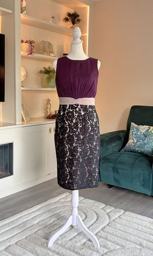 Ladies Sleeveless Pencil Dress Purple Bodice, with Black Floral Lace Skirt from Little Mistress