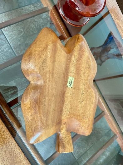Vintage Teak Wood Serving Butterfly Leaf Shaped Bowl Two Section Tray