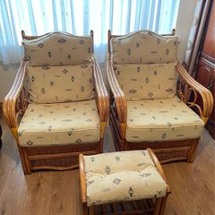 Cane chairs. Large Bamboo chairs x 2 and 1 footstool.