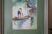 Watercour of Two Asian Figures on  Water 30cm x  25cm