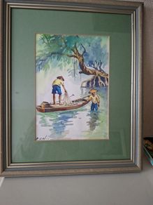 Watercour of Two Asian Figures on  Water 30cm x  25cm