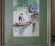 Watercour of Two Asian Figures on  Water 30cm x  25cm