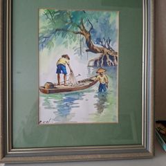 Watercour of Two Asian Figures on  Water 30cm x  25cm