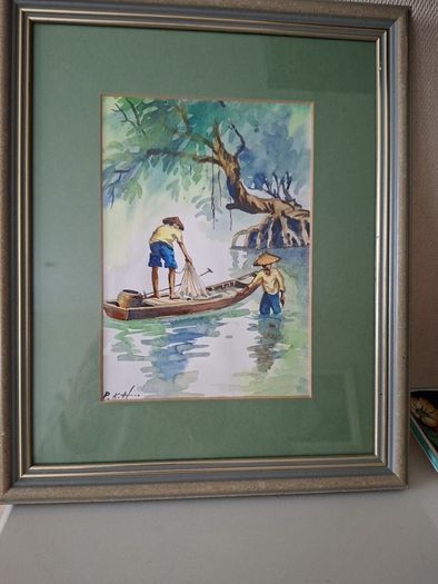 Watercour of Two Asian Figures on  Water 30cm x  25cm