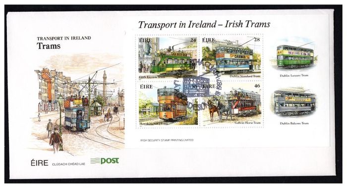 1987 Ireland Trams Commemorative Stamps Miniature Sheet An Post First Day Cover (FDC).