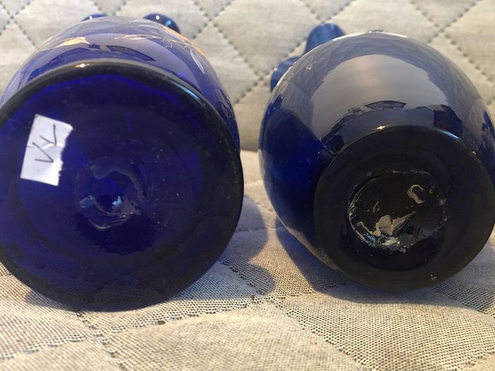 Czech Crystalex Cobalt Blue Vase Hand Painted White Flowers Vintage