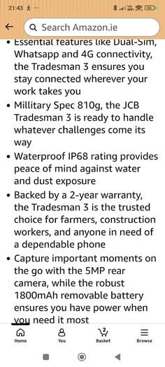 JCB Tradesman 3 Smart Feature Rugged Waterproof 4g Mobile Sim-Free Dual-Sim Phone With Whatsapp - Black