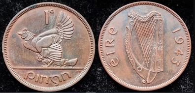 [#2086] - Ireland 1943 | Irish 1d | Irish One Penny | Hen and Chicks | KM.11 | TONED