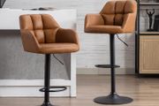 Set of 2 Polyurethane PU Leather Armchairs Bar Chairs Ergonomic 360Deg Rotatable Counter Stools Kitchen Adjustable Height Bistro Stools (Brown (PU Leather Armrest)