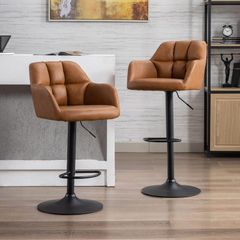 Set of 2 Polyurethane PU Leather Armchairs Bar Chairs Ergonomic 360Deg Rotatable Counter Stools Kitchen Adjustable Height Bistro Stools (Brown (PU Leather Armrest)