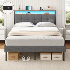 King Size Bed Frame 150x200 with Storage Upholstered Bed Frame with LED Lights & Charging Station Upholstered Storage Headboard/Under Bed Storage/Noise Free (King-150x200cm)