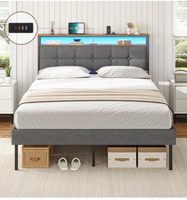 King Size Bed Frame 150x200 with Storage Upholstered Bed Frame with LED Lights & Charging Station Upholstered Storage Headboard/Under Bed Storage/Noise Free (King-150x200cm)