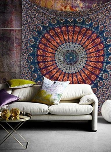 NEW SALE | Indian hippie Bohemian Psychedelic Peacock Mandala Wall hanging Bedding Tapestry (Golden Blue, Poster (30x40Inches)