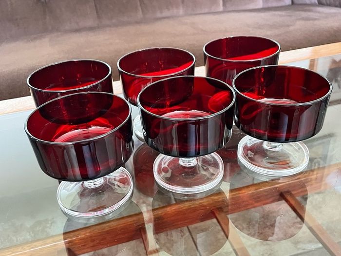 6 Vintage MCM Luminarc Cavalier Ruby Red with Smoked Glass Bowl Dessert Glasses Sherbet Cups French 1960 70s