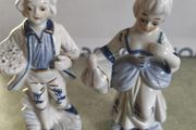 Vintage colonial man &amp; woman blue, white, gold porcelain