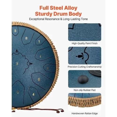 Steel Tongue Drum, 33cm 15 Notes Rain Drum for Outside Garden, C Major Musical Drums with Music Book & Mallets