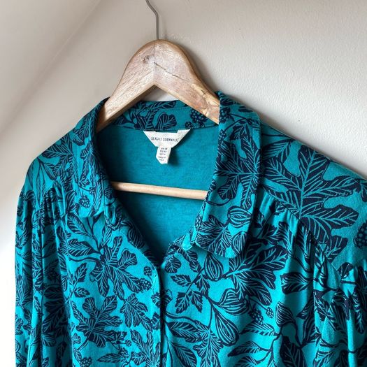 Seasalt Cornwall Teal Blue Leaf Print Blouse Shirt Size 18