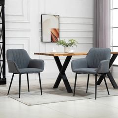 Mid-Century Dining Chairs Upholstered Linen Fabric Accent Chairs with Metal Legs, Set of 2, Dark Grey