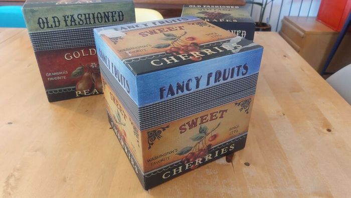 Fabulous Set of Three Large Graduated Stackable Nesting Storage Boxes by Quality Manufacturer Bob's Boxes/Lang Paper Co. with "Fancy Fruits" Artwork by Kimberly Poloson
