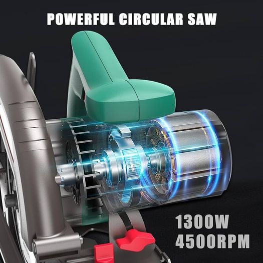 SALE | Circular Saw, 1300W HYCHIKA Electric Saw 4500RPM, High Power Motor, 24T Blade(185mm), Cutting Depth 65mm (90 degree), 45mm (45 degree), Safety Switch, Dust Extraction, for Wood/Plastic Cutting