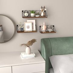 Floating Shelves for Wall Set of 3, Rustic Wood Wall Shelves with Wire Frame for Bedroom, Living Room, Bathroom, Kitchen