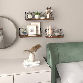 Floating Shelves for Wall Set of 3, Rustic Wood Wall Shelves with Wire Frame for Bedroom, Living Room, Bathroom, Kitchen