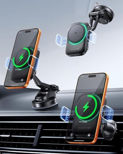 3-in-1 Wireless Car Charger for Magsafe, Extra Clamp for Bumpy Road, Cooling Fan to Extend Battery Life, Original Qi2 Certified 15W Fast Charging Magnetic Car Phone Holder for iPhone 12-17 Series