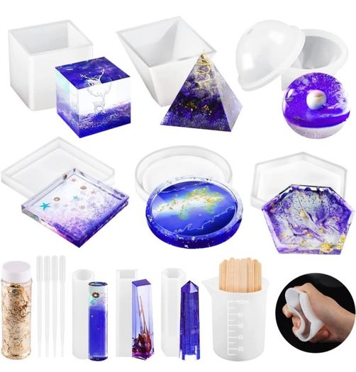 Resin Moulds Silicone, 21Pcs DIY Epoxy Resin Moulds Kit, Resin Kits for Beginners Making Jewelry/Candle/Soap, Include Coaster, Ashtray, Cube, Pyramid, Spherical, Pendant Mold (FREE POSTAGE)