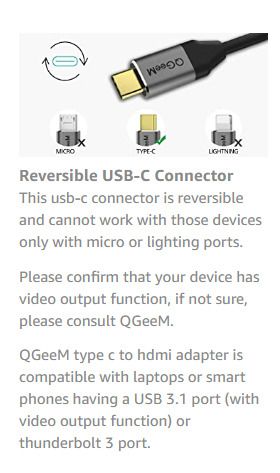 QGeeM USB-C Type (Thunderbolt 3 Compatible) HDMI Female (UHD 4K/30Hz) Gold-Plated/Nylon Braided/Aluminum Alloy Adapter Cable (Brand New/Warranty)