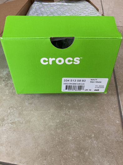 Crocs (Crocband) - navy with brown and white band  (Men's U.K. size 10).