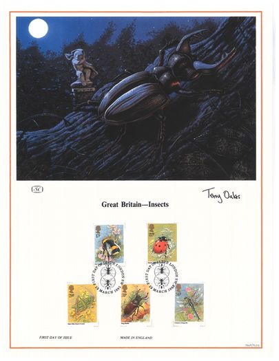 1985 Great Britain Limited Edition Lithographed Print measuring 333mm X 257mm showing Insects Commemorative stamps with First Day of Issue Cancel